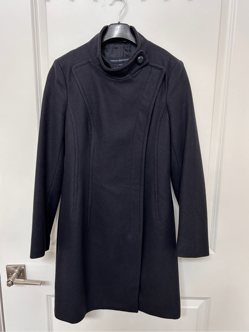 French Connection Virgin Wool Cashmere Blend High-Neck Asymmetrical Trench Coat